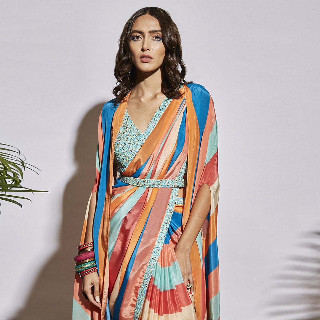 STRIPE PRINTED SAREE WITH KHICHADI BLOUSE AND CAPE