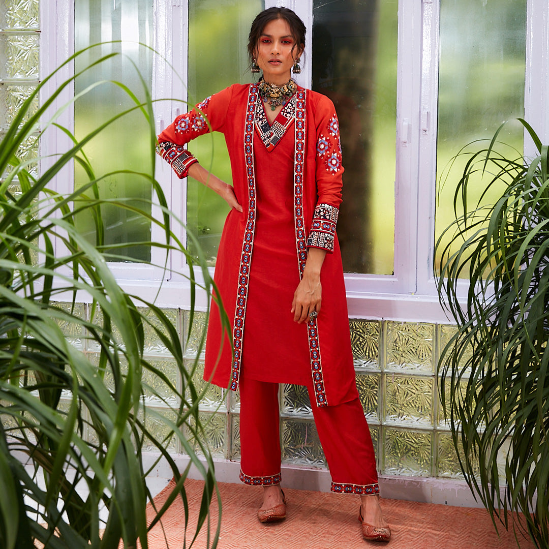 ORANGE EMBROIDERED OPEN JACKET WITH INNER AND PANTS