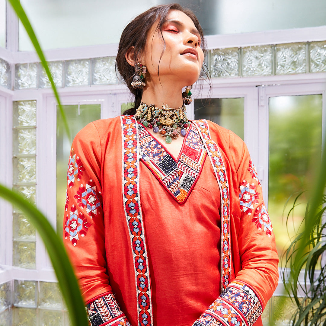 ORANGE EMBROIDERED OPEN JACKET WITH INNER AND PANTS