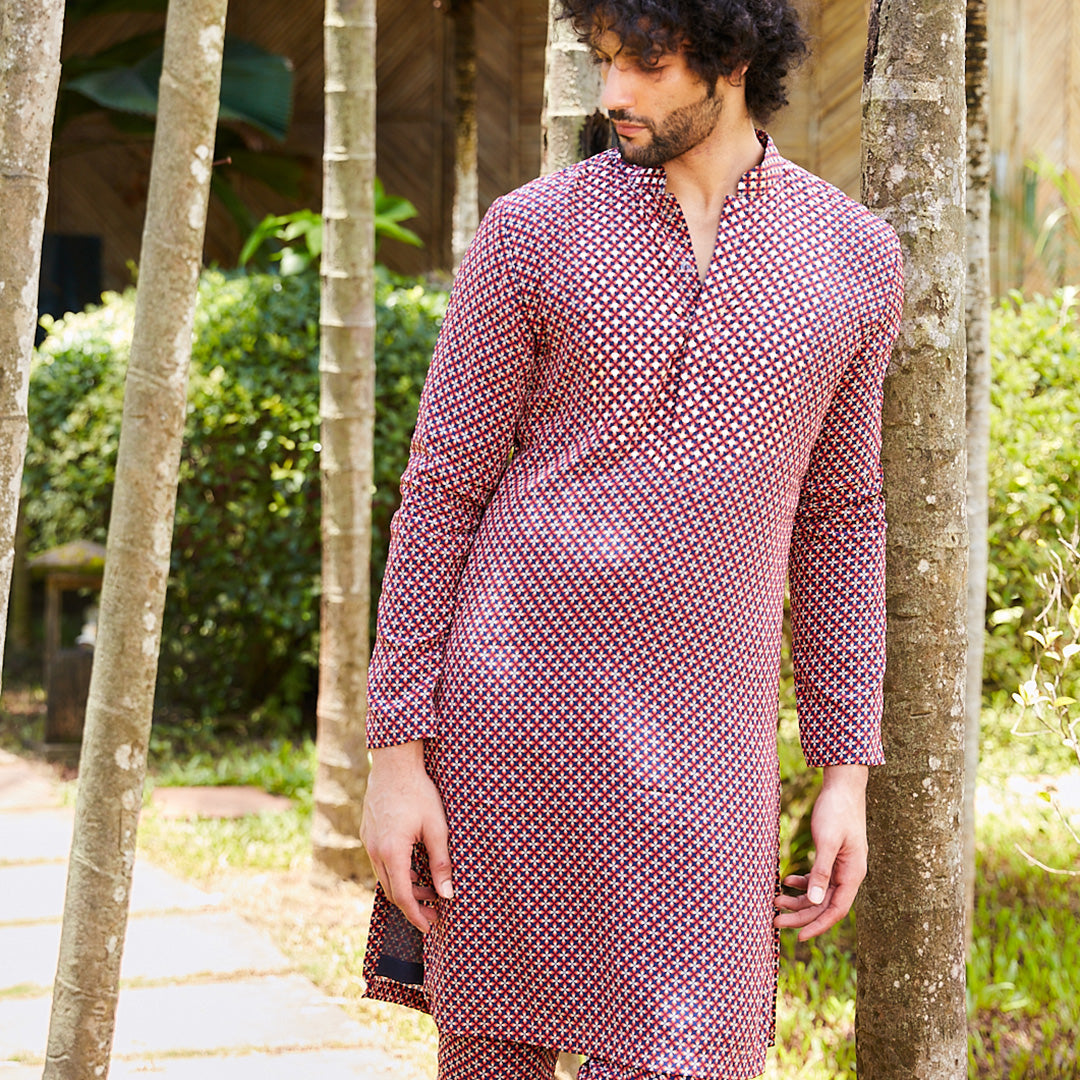 RASA RED GEO PRINTED KURTA WITH HIGHLITED YOKE, COLLAR AND KURTA PATTI AND RED GEO PRINTED PANTS