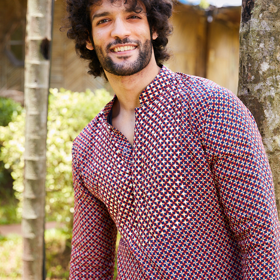 RASA RED GEO PRINTED KURTA WITH HIGHLITED YOKE, COLLAR AND KURTA PATTI AND RED GEO PRINTED PANTS