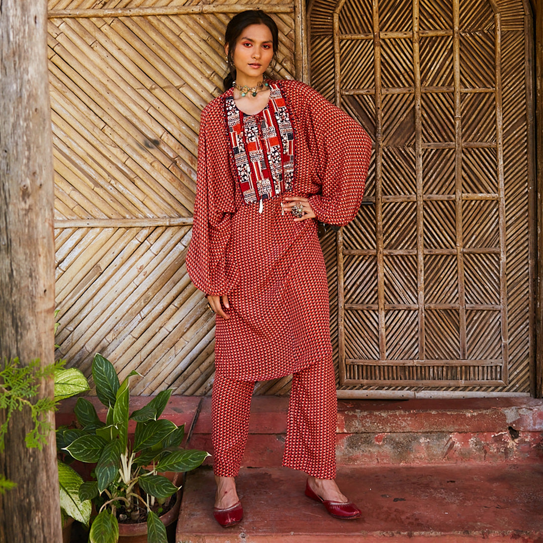 ORANGE LEAF PRINT DOLMEN SLEEVES TUNIC WITH PANTS