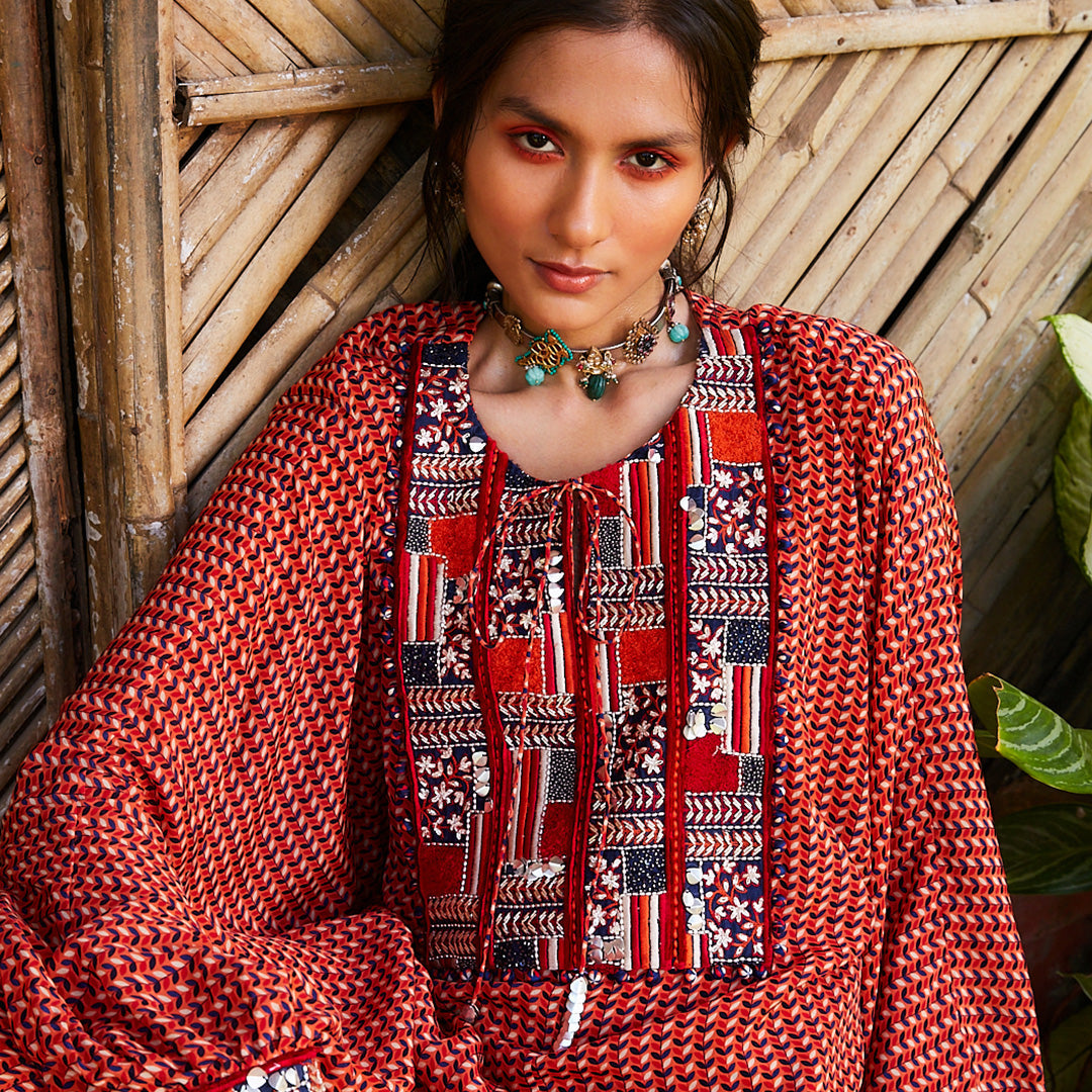 ORANGE LEAF PRINT DOLMEN SLEEVES TUNIC WITH PANTS