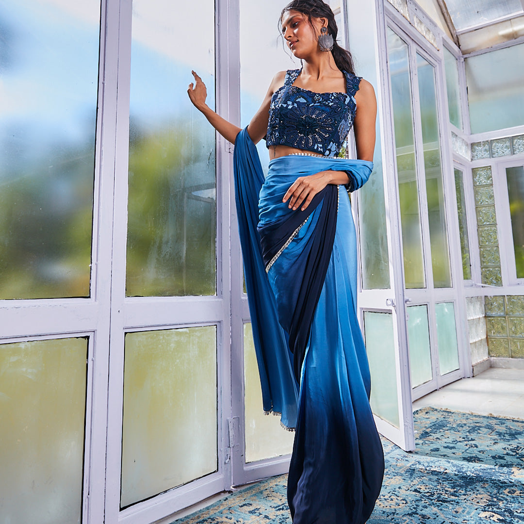 BLUE OMBRÉ DRAPE SAREE WITH CORSET