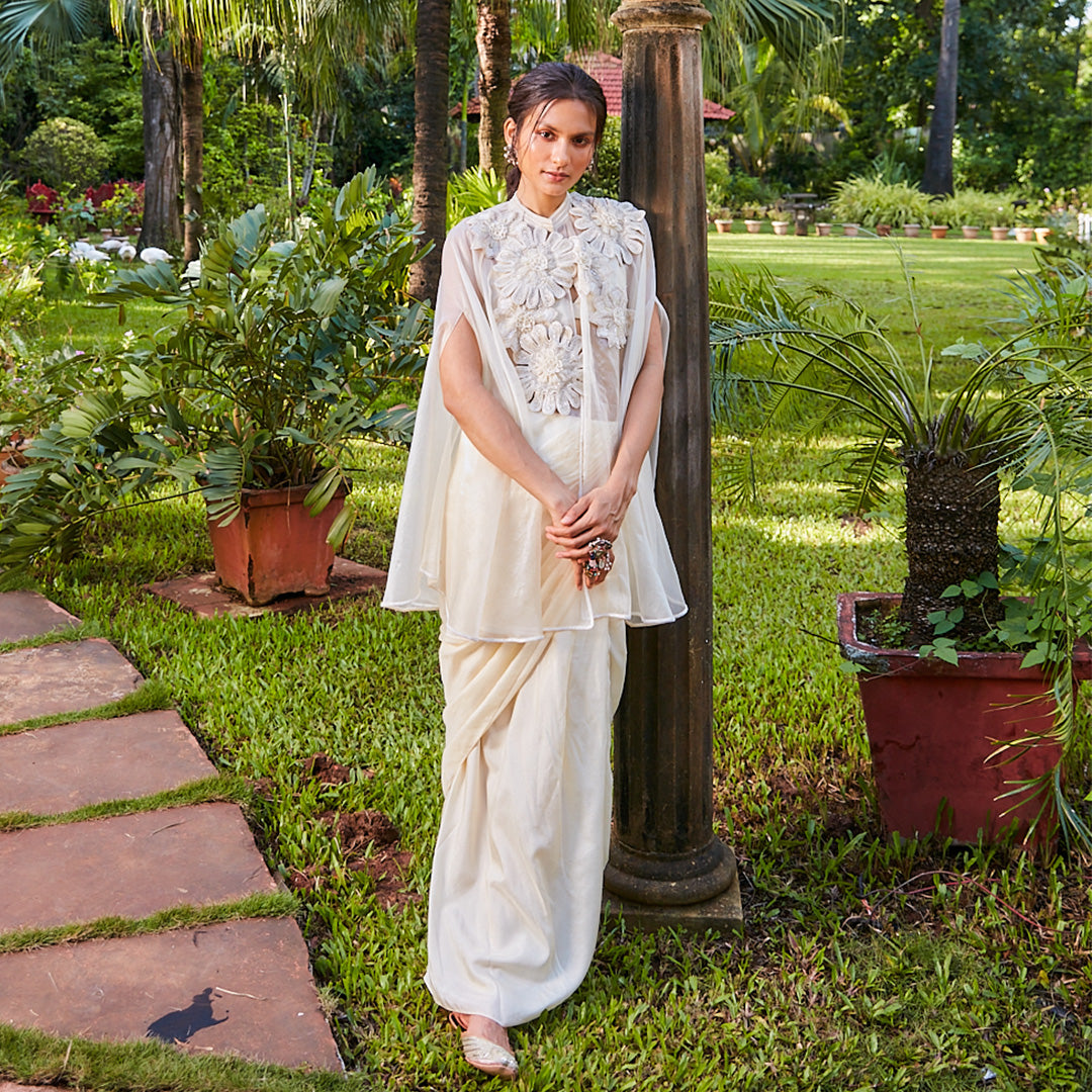 BEIGE SAREE DRAPE SKIRT WITH BUSTIER AND ORGANZA CAPE