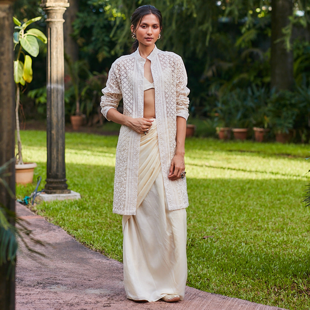 BEIGE SAREE DRAPE SKIRT WITH BUSTIER AND OPEN SHERWANI JACKET