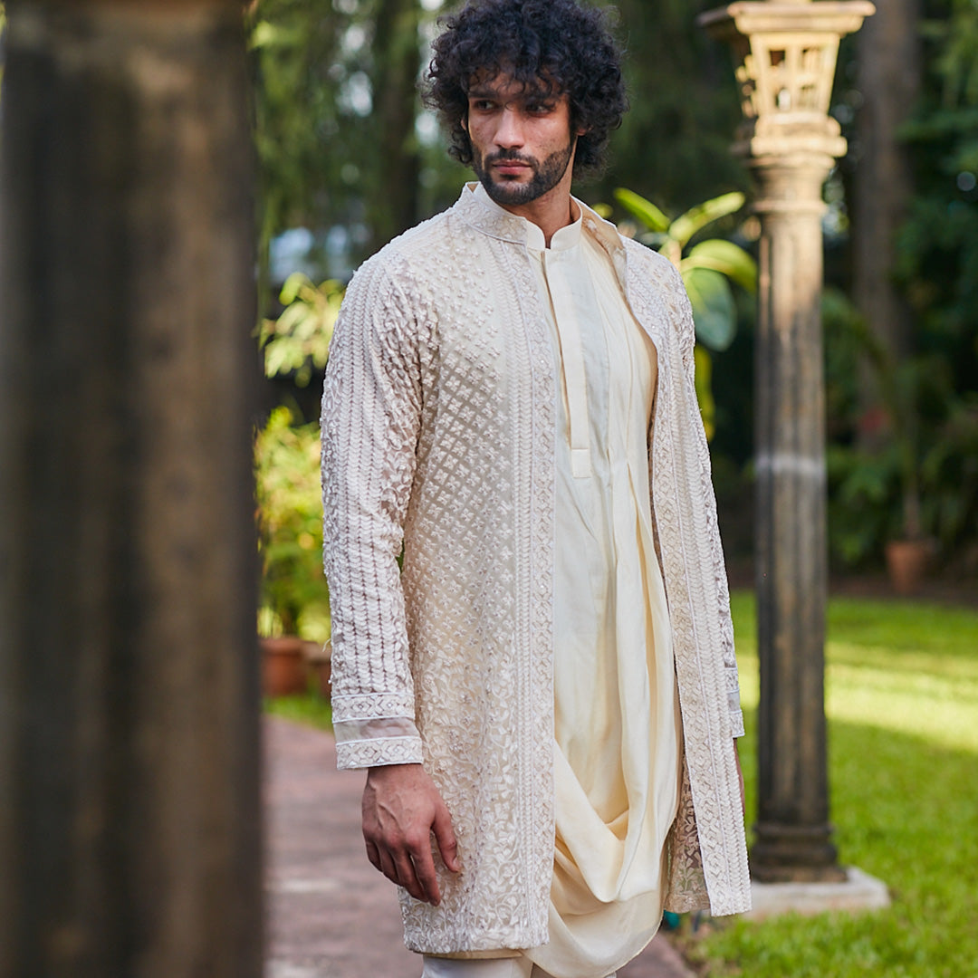 BEIGE SLEEVELESS DRAPE KURTA WITH PANTS