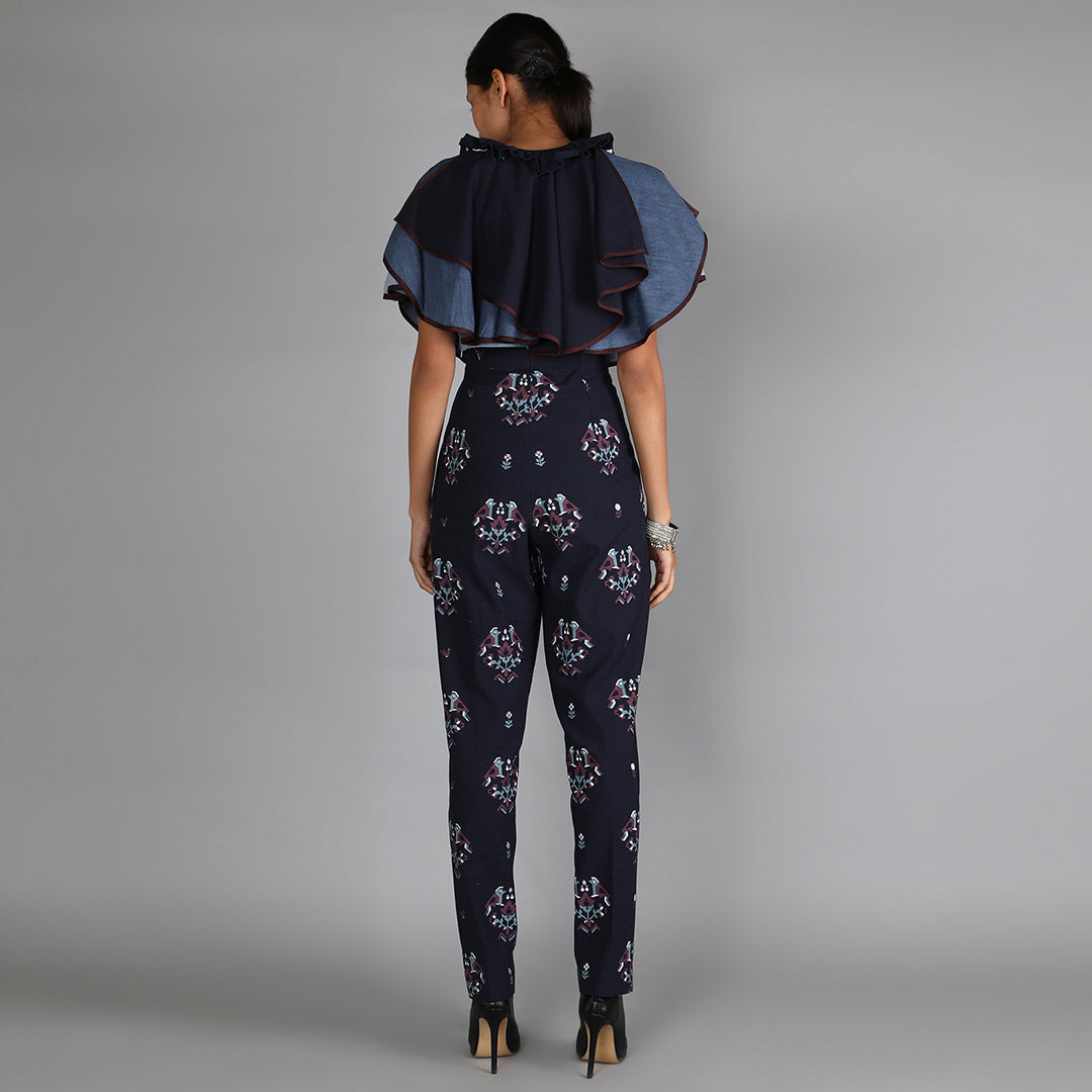 Multiple Layer Denim Ruffle Top With Bird Print Denim Pants