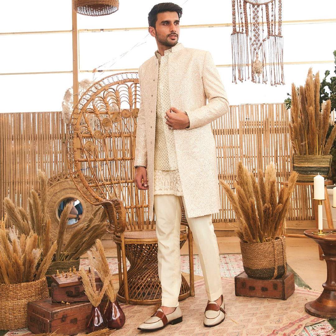 IVORY FRENCH KNOT SHERWANI SET