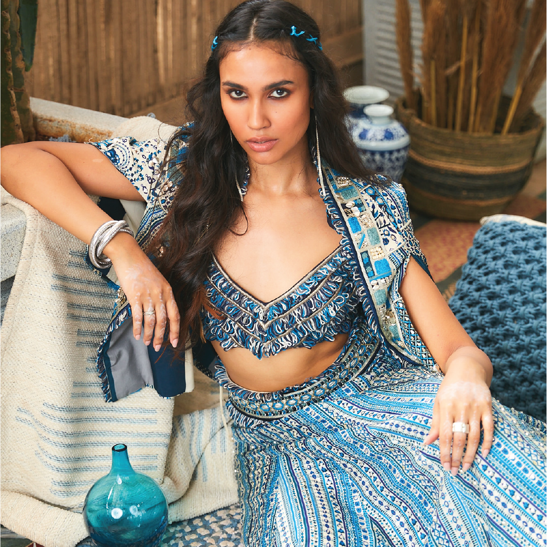 BLUE BOHO STRIPE PRINT HIGHLIGHTED LEHENGA SET