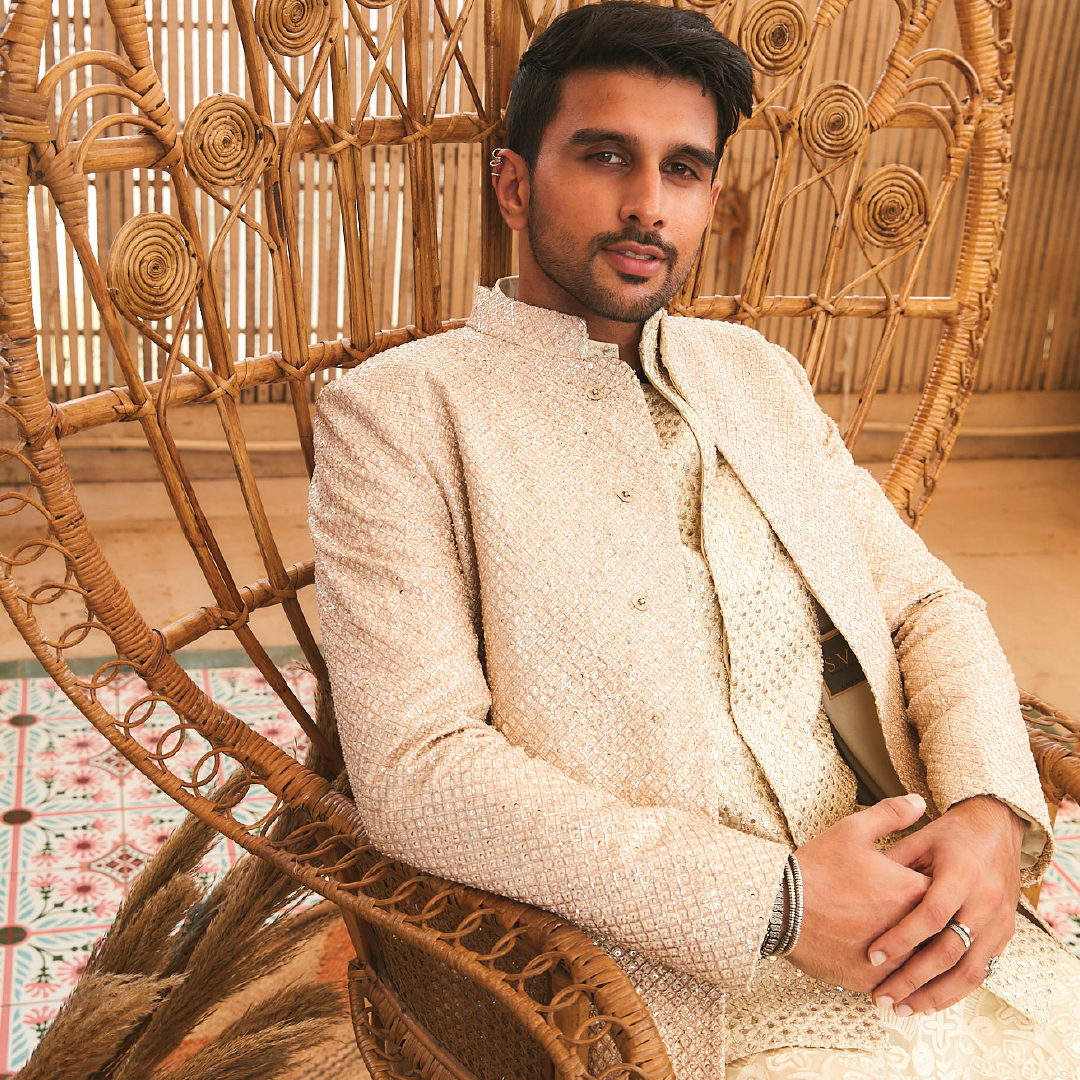 IVORY FRENCH KNOT SHERWANI SET